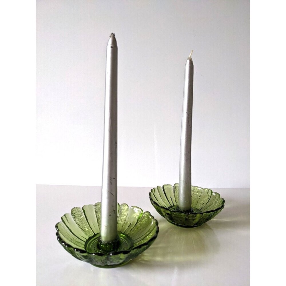 Vintage Lot Of 2 Indiana Glass Candle Holder Textured Green Sunflower Design 5" - Picture 2 of 6